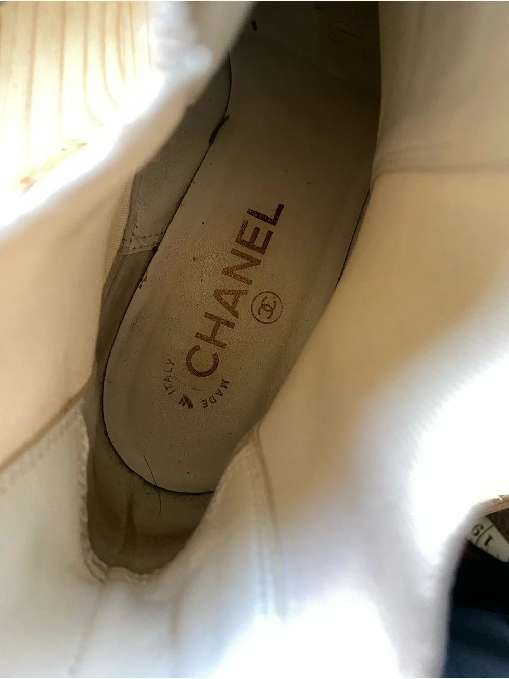 CHANEL Cream Patent Leather Chelsea Booties with Black Block Heel
